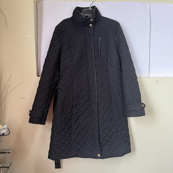 Cole Haan Quilted Coat Jacket Pockets Zipper Lined Belted Straight Minimalist M - Picture 6 of 15